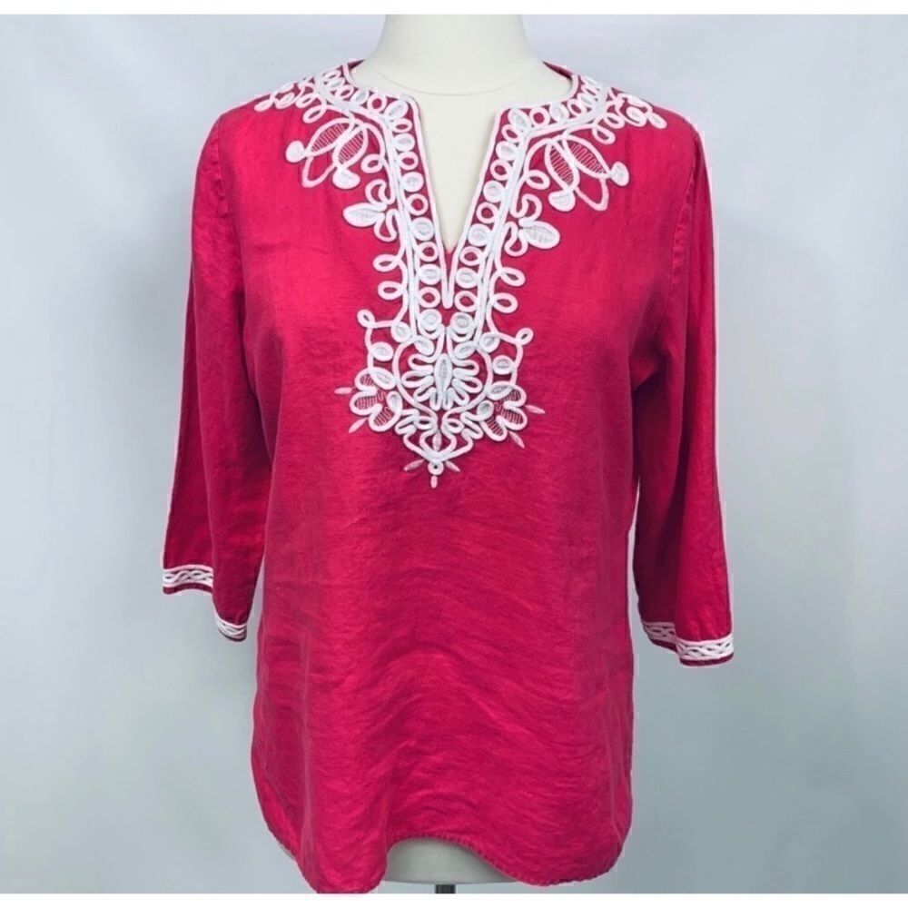 🛍️Jones  New York embroidered linen Tunic Size :Medium
Long sleeve Blouse 🎀
